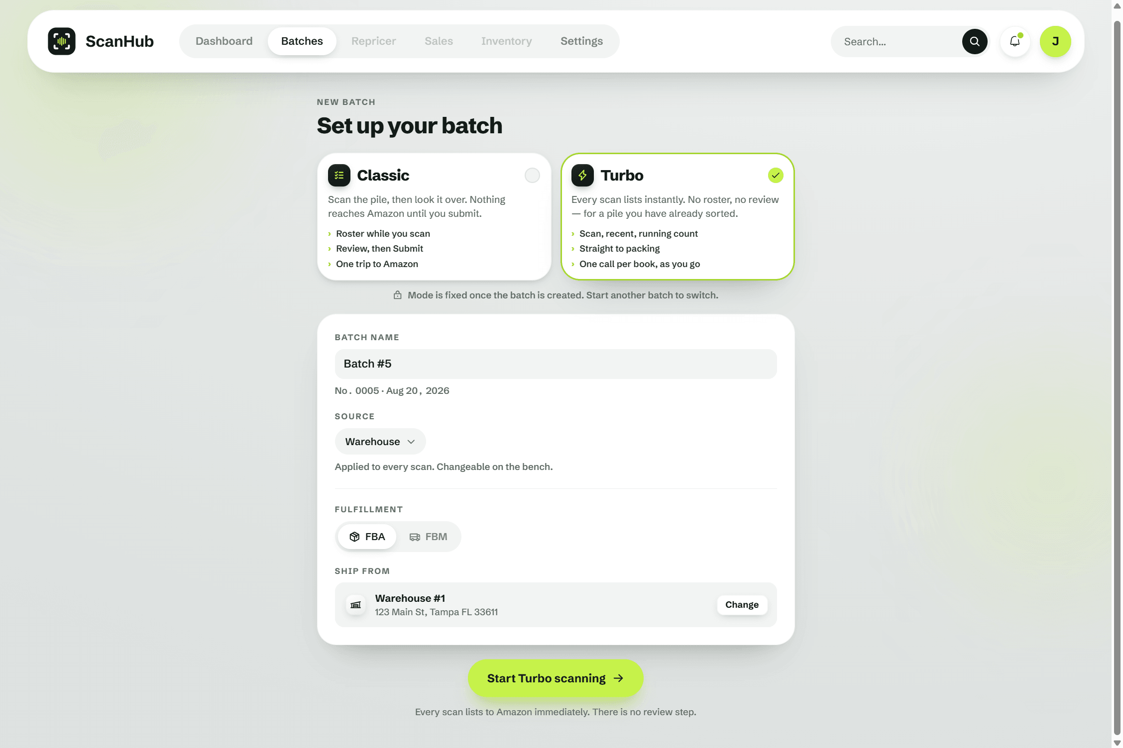 The new batch screen offering two modes side by side: Classic, which rosters while you scan and holds the batch for a review pass, and Turbo, selected, which lists every scan on the spot and goes straight to packing.
